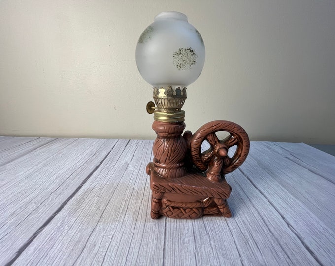 vintage ceramic spinning wheel oil lamp with frosted chimney and wick