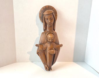 MCM 16" Ceramic Madonna & Christ Child Wall Plaque Painted to Look like Faux Wood