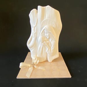 Madonna and Jesus tabletop ceramic bisque cast figurine with silver tone cross charm