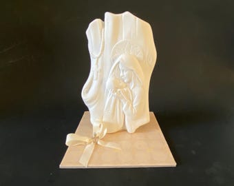 Madonna and Jesus tabletop ceramic bisque cast figurine with silver tone cross charm