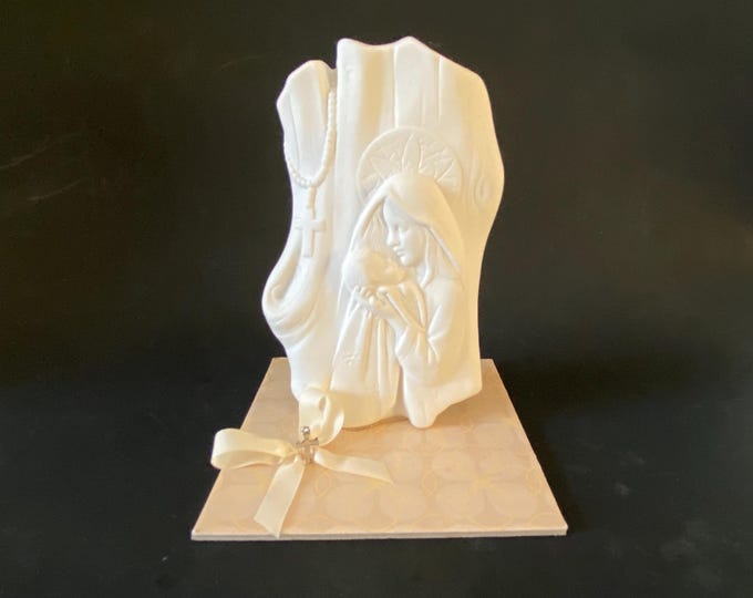 Madonna and Jesus tabletop ceramic bisque cast figurine with silver tone cross charm