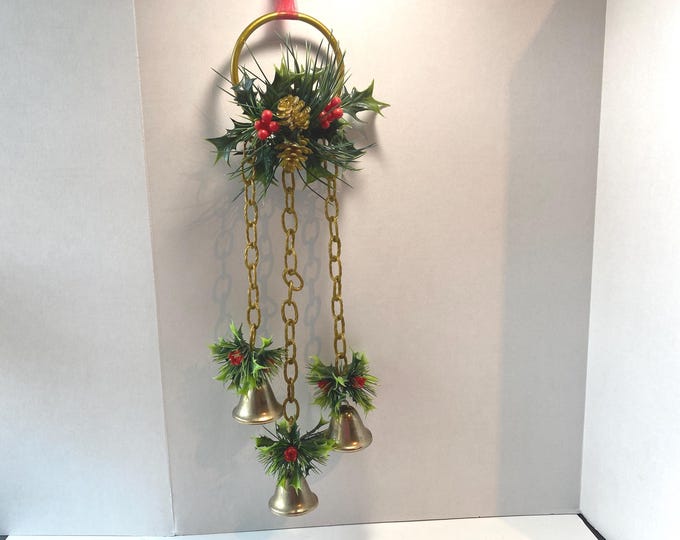 Vintage MCM Christmas Decoration Door Hanger with Metal Clapper Bells Plastic Holly Pinecones Evergreen