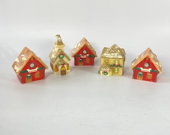 1980s Set of 5  Vintage Russ Berrie Christmas Village Candles:  Station Houses, Church and House Candles Unused