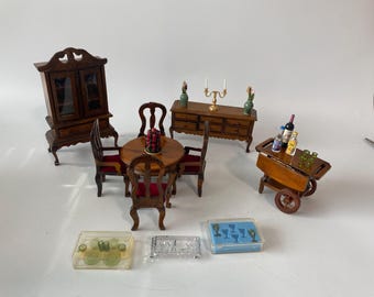 Vintage 1:12 Scale 28 Piece Formal Wooden Dining Room Set-4 Red velvet chairs, round table,  buffet, china hutch, drink cart and more!