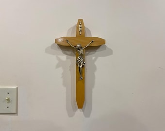 Vintage Blonde Wood Modern Sick Call Crucifix Last Rites Catholic Travel Kit w/unopened candles, crucifix & empty Holy Water glass Bottle