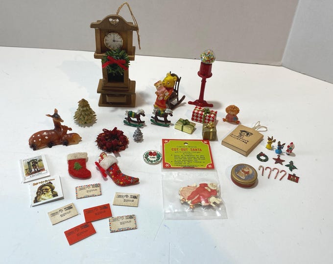 38 Piece Set of Dollhouse Christmas Accessories -Stockings, Santa Paper Doll Set, Ornaments, Presents, Rocking Horses, Grandfather Clock etc