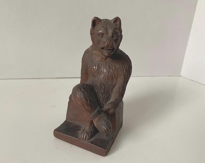 Vintage Black Forest Hand Carved Chained Sitting Bear Inkwell