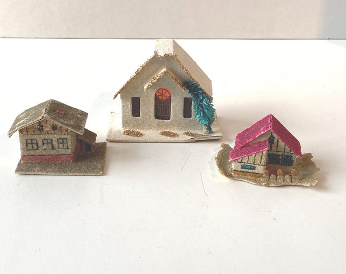 Set of 3 Small Putz Cardboard Houses  2 Made in Czechoslovakia and 1 in Japan