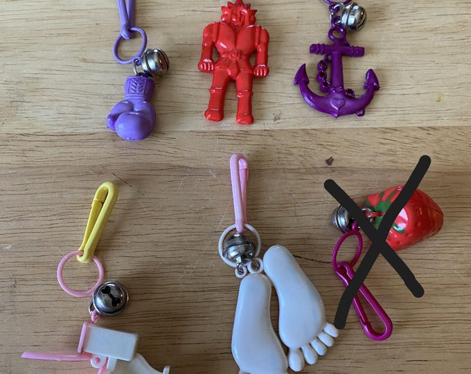 Set of 5 -1980s Bell Charms includes Purple Boxing Glove, Red Ninja, Purple Anchor, Toilet and White feet