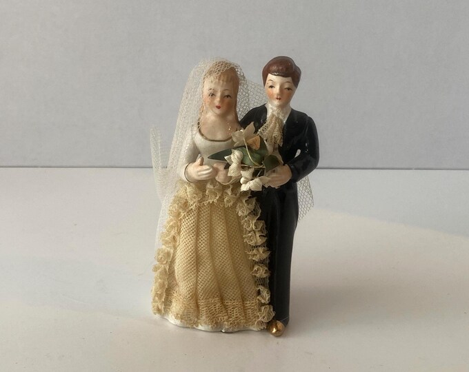 Very Rare Porcelain Lace Dipped Vintage Bride and Groom Cake Topper