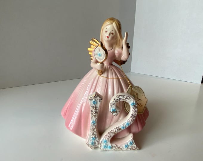 Vintage Sweet  Josef Originals 12th Birthday Brunette Hair Porcelain Ceramic Angel Figurine with Original Tag and Sticker