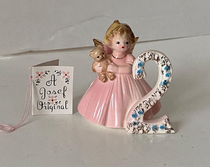 1960s Josef Originals Age 2 Porcelain Ceramic Birthday Angel with Original Tag with Birthday Message