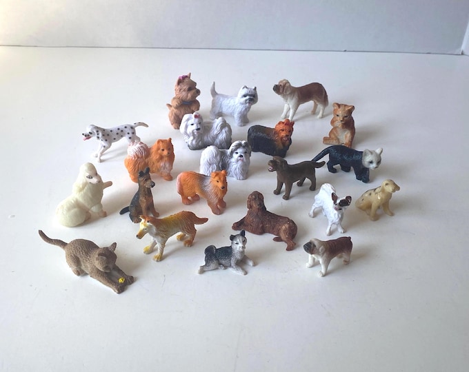 Set of 21 Dog and Cat variety hard plastic figurines - 18 dogs and 3 cats Schleich Farm World or Puppies in my Pocket Type  styles