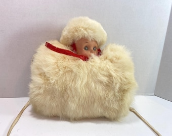1950s-60s Rubber doll  Face Little Girls Fur  Hand Muff