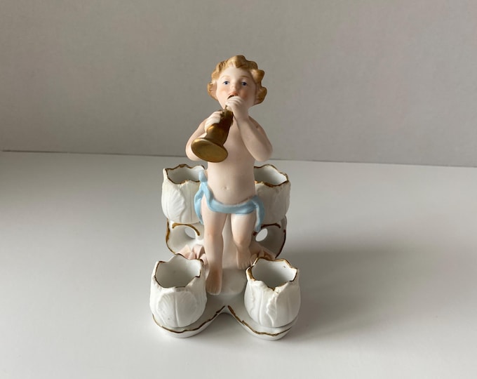 Vintage Bisque Ceramic Angelic Little Boy Cherub with a French Horn Lipstick or Candle holder Figurine for Vanity or Bathroom