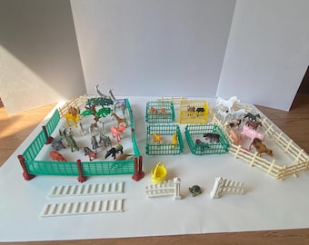 70+ Piece Set of Plastic Zoo and Farm Animals for Play with fencing and tree