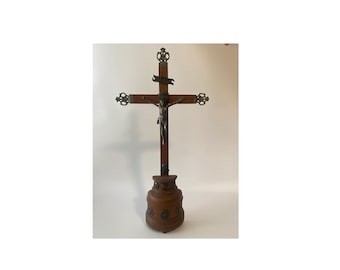 19th Century 22" Wooden Carved Standing Altar Crucifix Pewter tone Cast Metal Corpus, accents, Skull & bones (Golgotha)