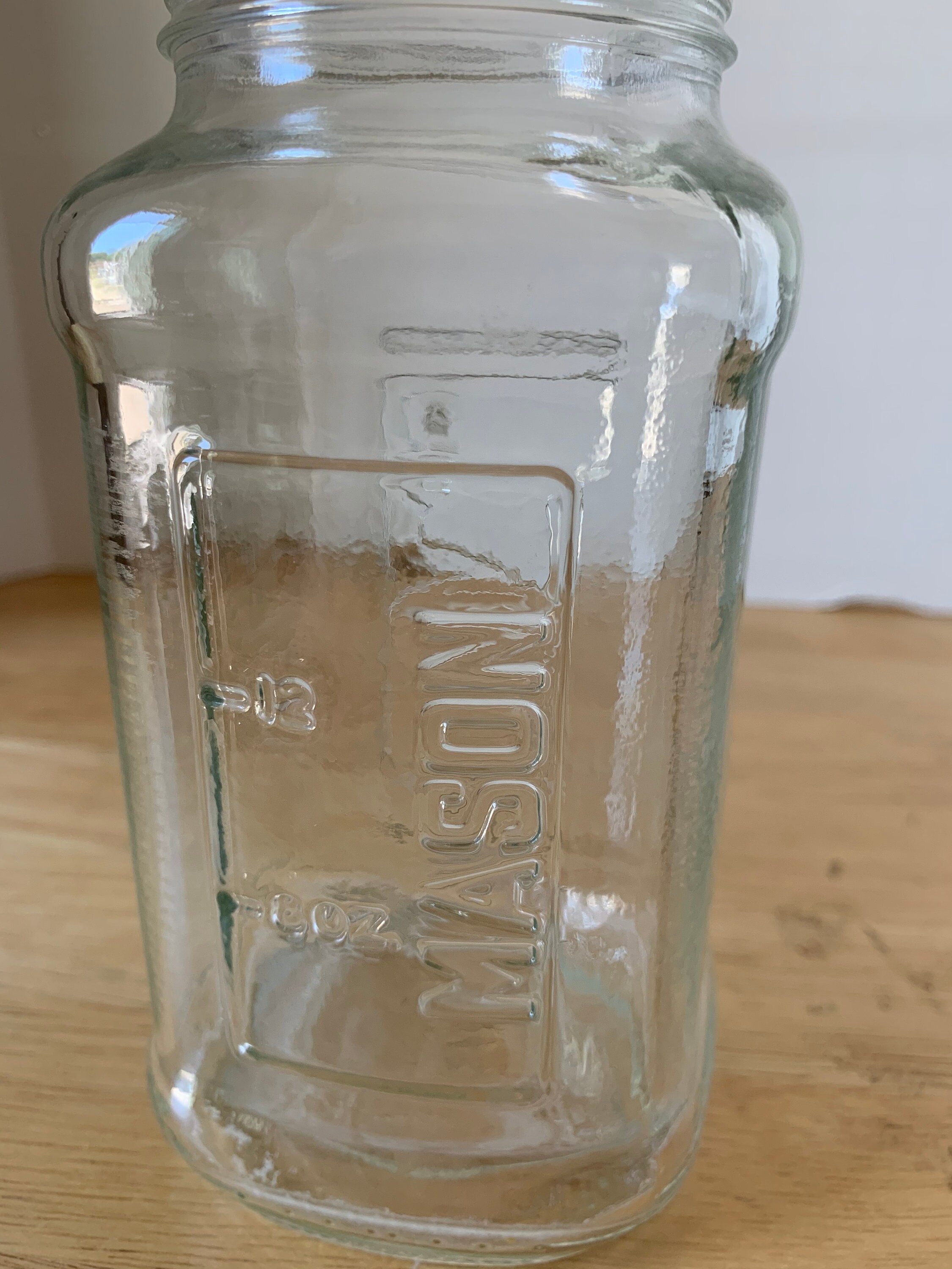 Vintage 12 ounce clear glass mason jar with measurement side
