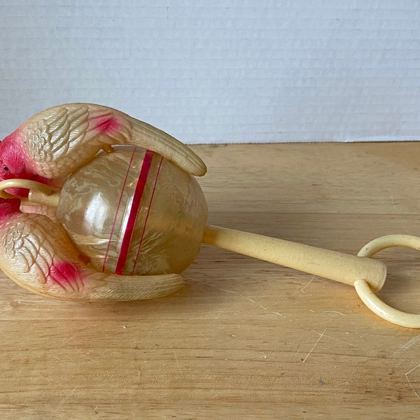 1940s-1950s Bird Large Celluoid 3 Bird Baby Rattle