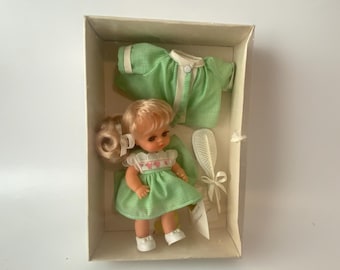 1970s New in Box Made in France "Stephanie" French Sleepy Eye7" vinyl doll with accessories