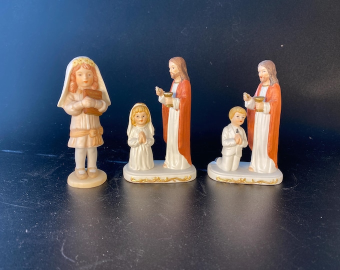Choice of 1982 Enesco First Communion Porcelain Bisque Girl Figurine or Cake Topper, or Boy or Girl with Jesus First Communion figurine