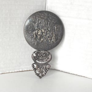 Vintage Denmark Silver Plate Repousse Hans Jensen Small Round Hand Beveled Glass Mirror