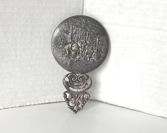 Vintage Denmark Silver Plate Repousse Hans Jensen Small Round Hand Beveled Glass Mirror