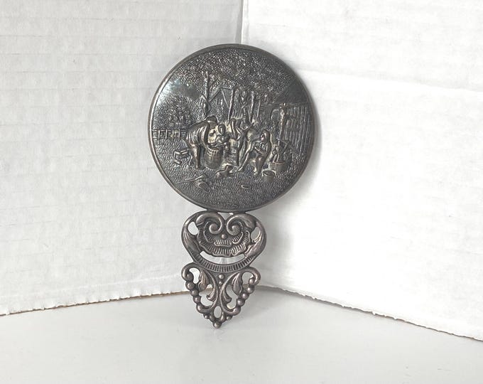 Vintage Denmark Silver Plate Repousse Hans Jensen Small Round Hand Beveled Glass Mirror