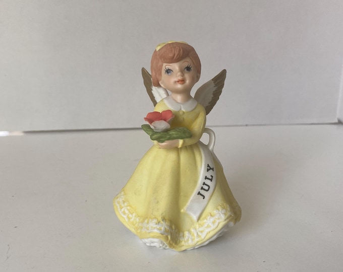 Vintage July Birthday Porcelain Bisque Angel Figurine in Yellow Dress with Rose