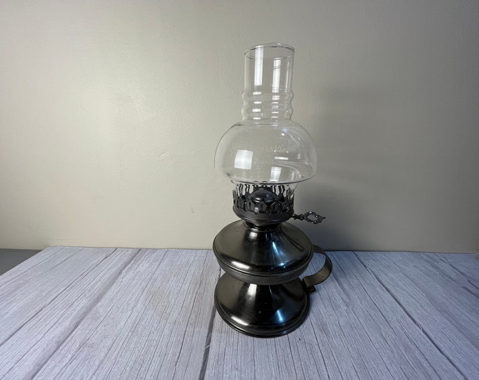 Pewter colored metal finger oil lamp with key bubble chimney and wick