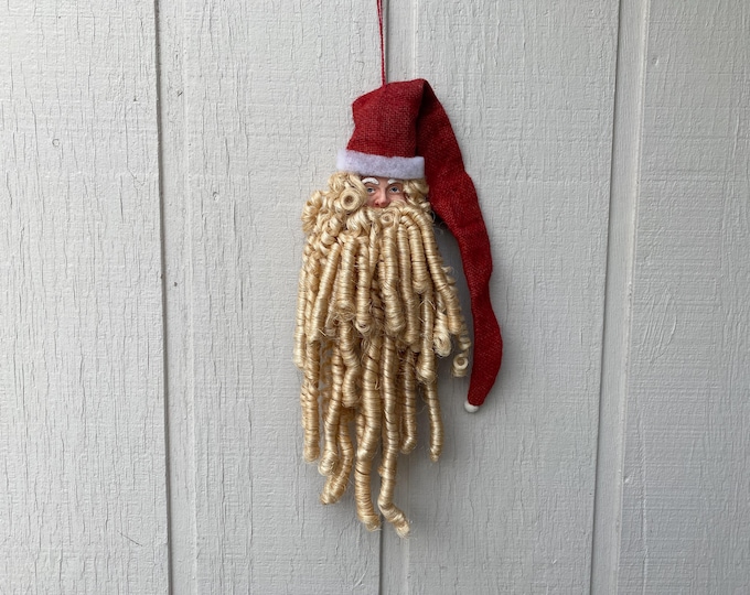 Vintage Santa Head Door, Wall or Tree Hanging Decor - with burlap hat and ringlets of beard