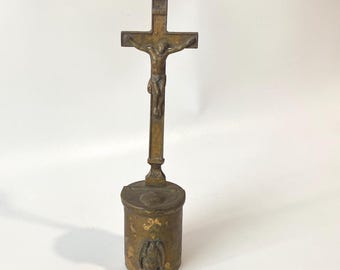 Very Rare 9" Tall Vintage Brass Plated Table Crucifix hinged Lidded Font for Holy Water with kneeling angel figurine below