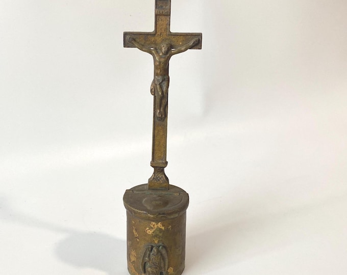 Very Rare 9" Tall Vintage Brass Plated Table Crucifix hinged Lidded Font for Holy Water with kneeling angel figurine below
