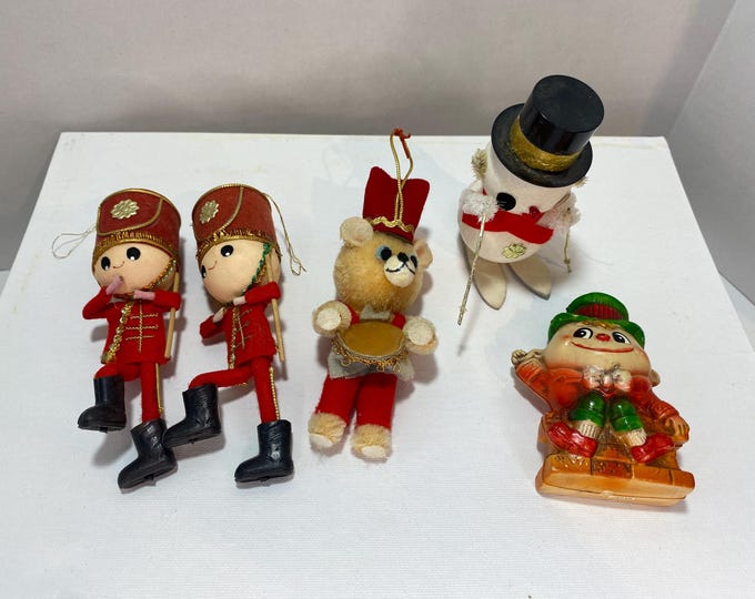 Set of 5 Vintage Ornaments - Felt Band majors, Flocked Snowman, Furry Teddy Bear Drummer and Celluloid Humpty Dumpty Rubber Ornament