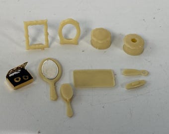 Vintage 10 Piece miniature Victorian Vanity Dresser Set: hand mirror, brush, nail buffer, powder box, tray, shoe horn, fames and earrings