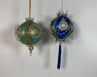 Set of 2 Vintage Blue Satin, Gold ribbon and Pearl Push Pin bead Kit Christmas Ornaments