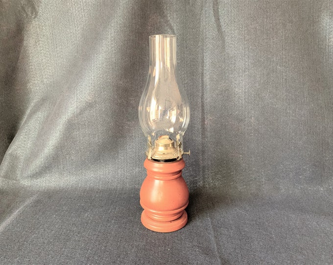 Vintage wooden base oil lamp with removable canister, plain chimney and wick