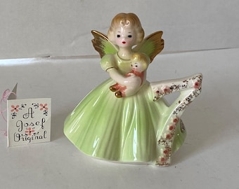 1960s Josef Originals Age 7 Porcelain Ceramic Birthday Angel with Original Tag with Birthday Message