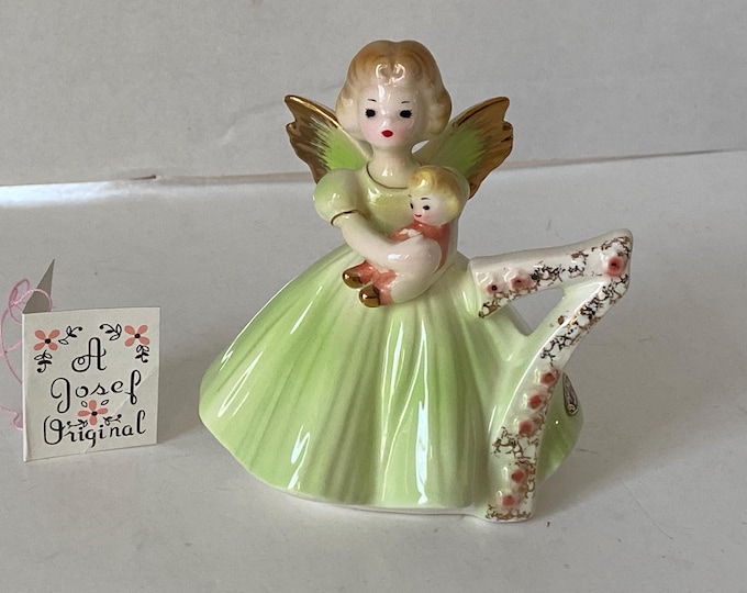 1960s Josef Originals Age 7 Porcelain Ceramic Birthday Angel with Original Tag with Birthday Message