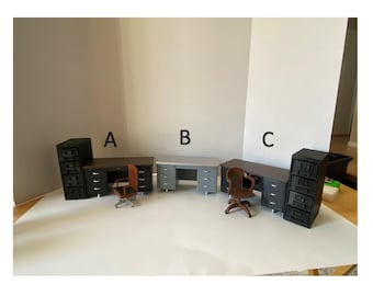 Choice of Modern Dollhouse Office Desk with File Cabinet and Chair or Silver Desk  1:12 Scale