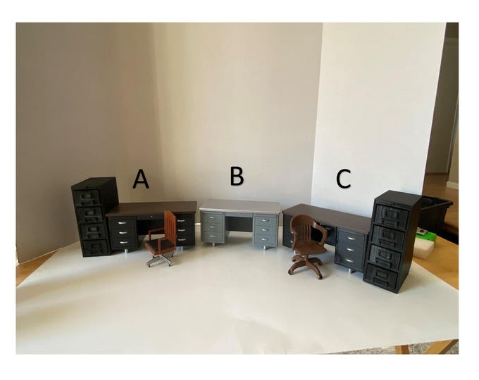 Choice of Modern Dollhouse Office Desk with File Cabinet and Chair or Silver Desk  1:12 Scale
