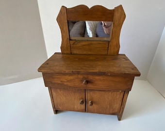 Vintage Wooden 12" Tall Doll Dresser / Wash Stand Cabinet with Mirror