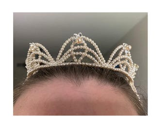 Vintage Wedding Headband with small faux pearl beads intricate design with each arc topped w/ larger pearl & rhinestones in flower formation