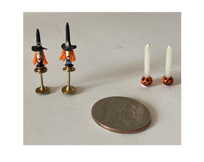 Choice of 1:16 Tiny Miniature Dollhouse Halloween Candles - Set of 2 witches (1 1/8") or set of 2 pumpkins (7/8")