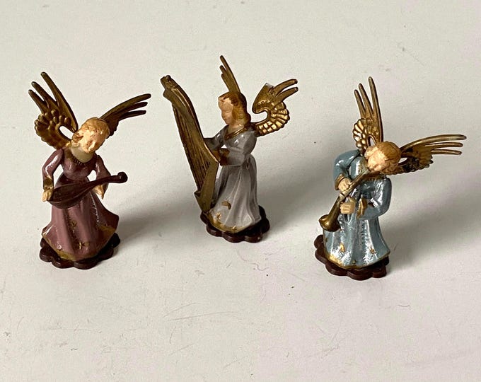 Set of 3 Miniature Plastic Christmas Angels 3" tall - each playing Horn, Lute and Cello