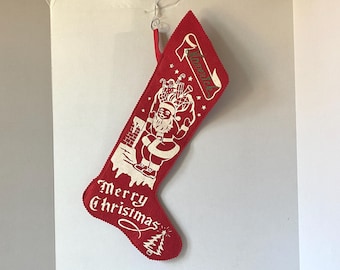 1950s-60s Large 18"  Felt Stenciled Christmas Stocking -  Santa by the Chimney "Merry Christmas"