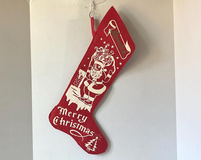 1950s-60s Large 18"  Felt Stenciled Christmas Stocking -  Santa by the Chimney "Merry Christmas"