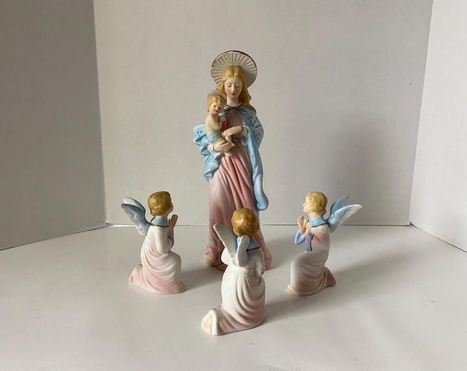 Vintage 4 Piece Set bisque figure of Madonna holding Baby Jesus with 3 Angels kneeling in Reverence