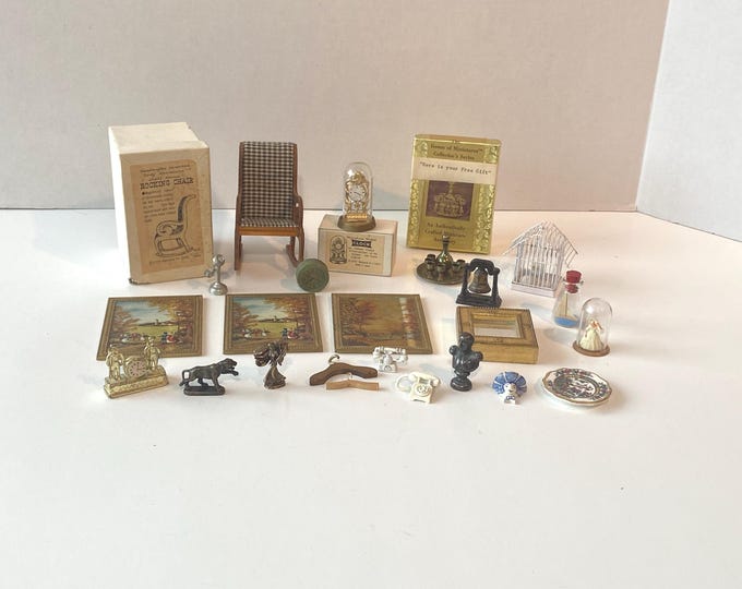 Vintage 30 Piece Dollhouse Accessory Set Including Shackman Rocking chair, Clocks, Pictures, Mirror, Phones, Artwork, etc.