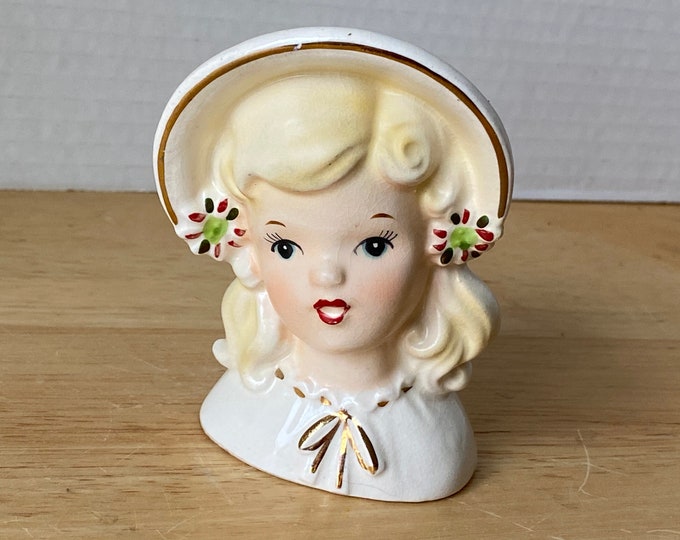 1960s Inarco Blond Girl w/Poinsettias & Gold Trim Small Head Vase, #E-1274
